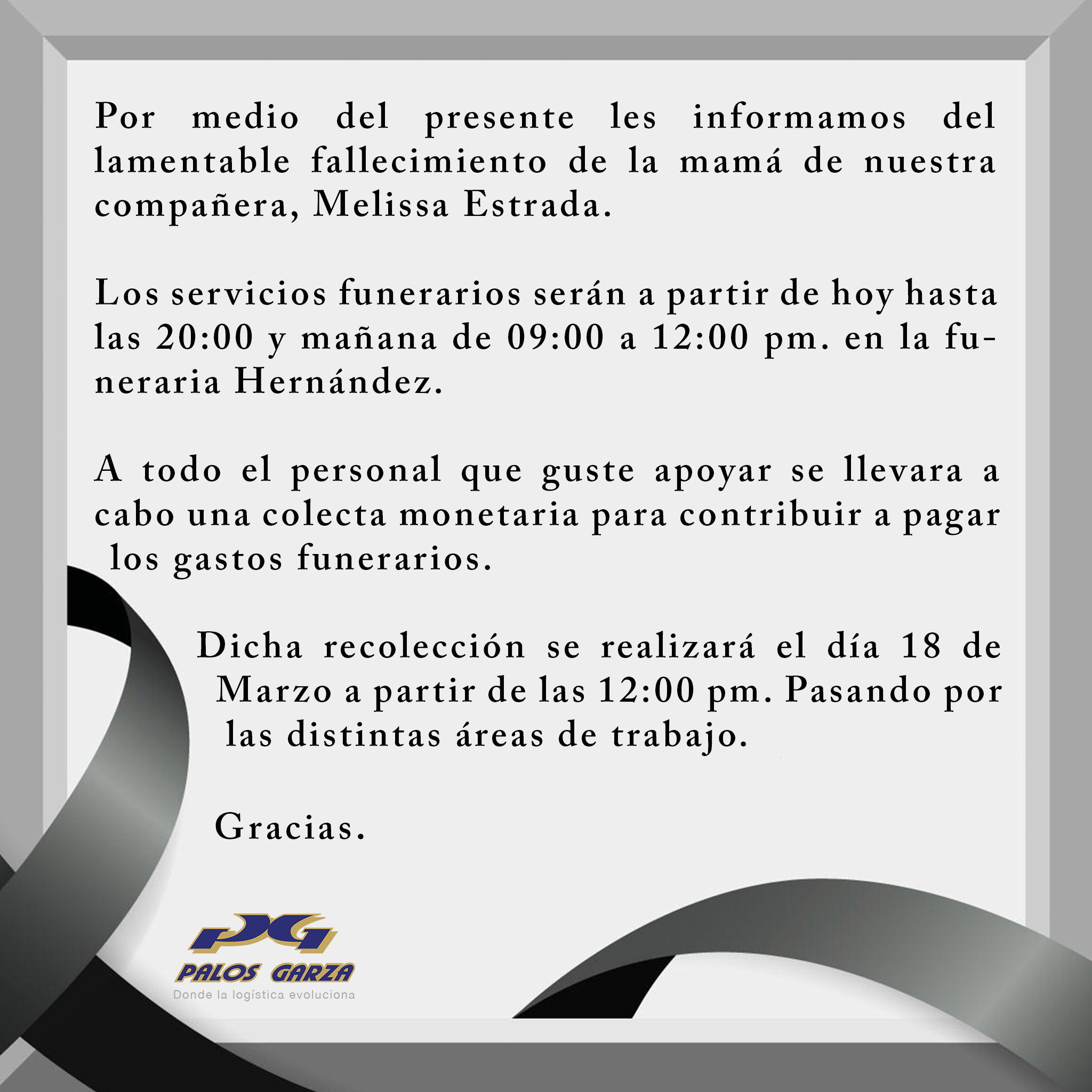 Aviso Colecta Monetaria- Melissa Estrada